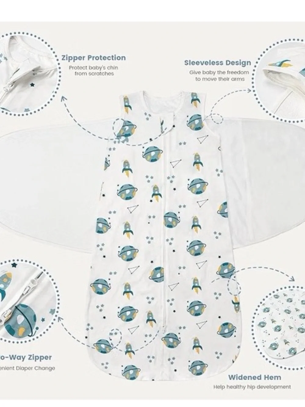 Blue and White Space Rocket Kids Sleep Sacks - 2-Pack